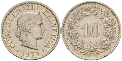 Швейцария 10 раппенов 1974 KM 27 медно-никель 4364-1343