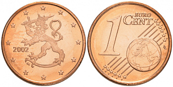 Финляндия 1 евроцент 2002 из ролла KM 98 сталь плакированная медью UNC M25-11