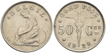 БЕЛЬГИЯ 50 САНТИМОВ 1928 BELGIE, АЛЬБЕРТ I (1909-1934) KM 88 никель 206-128