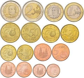 Испания евронабор из 8 монет 2011 1, 2, 5, 10, 20, 50 евроцентов, 1 и 2 евро KM 1040, 1041, 1042, 1070, 1071, 1072, 1073, 1074 UNC 183-611