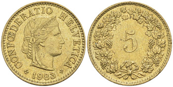 Швейцария 5 раппенов 1983 KM 26c алюминиевая бронза 105-869