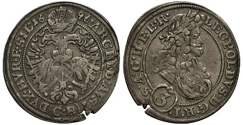 АВСТРИЯ 3 КРЕЙЦЕРА 1696 СВ, ИМПЕРАТОР ЛЕОПОЛЬД I (1657-1705), СВЯЩЕННАЯ РИМСКАЯ ИМПЕРИЯ, СИЛЕЗИЯ БРИГ, ВЕС 1,78 ГР. Herinek 1564 серебро 413-2425