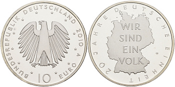 ФРГ 10 евро 2010 A, 20 лет объединению Германии KM 290, DE.S. 10.48 серебро PROOF 1076-4-32