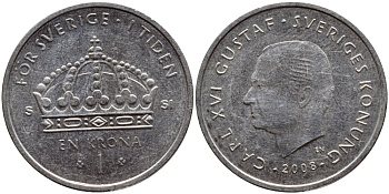 Швеция 1 крона 2008 Карл XVI Густав (1973- ) KM 894 медно-никель 85-135