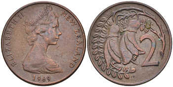Новая Зеландия 2 цента 1969 Елизавета II (1952-2022), два цветка кохаи KM 32.1 бронза 4588-416