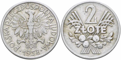Польша 2 злотых 1958 MW KM 46, Parchimowicz 216a алюминий 60-235