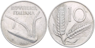 ИТАЛИЯ 10 ЛИР 1967 R, КОЛОСЬЯ, ПЛУГ KM 93 алюминий 4551-211