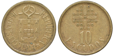 Португалия 10 эскудо 1991 KM 633 никель латунь 4142-1137