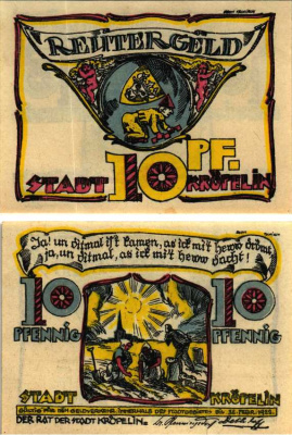 КРЁПЕЛИН 10 ПФЕННИГОВ 1922 НОТГЕЛЬД, 1922 - 28 ФЕВРАЛЯ 1922, ЗЕМЛЯ МЕКЛЕНБУРГ, ПЕРЕДНЯЯ ПОМЕРАНИЯ Grabowski 746.1 бумага 6318-41-2-1