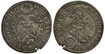 АВСТРИЯ 3 КРЕЙЦЕРА 1696 СВ, ИМПЕРАТОР ЛЕОПОЛЬД I (1657-1705), СВЯЩЕННАЯ РИМСКАЯ ИМПЕРИЯ, СИЛЕЗИЯ БРИГ, ВЕС 1,78 ГР. Herinek 1564 серебро 413-2425