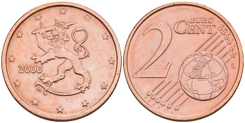 ФИНЛЯНДИЯ 2 ЕВРОЦЕНТА 2000 KM 99 сталь плакированная медью 68-1131