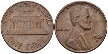 США 1 ЦЕНТ 1968 D, ЛИНКОЛЬН KM 201 медь цинк 66-1012