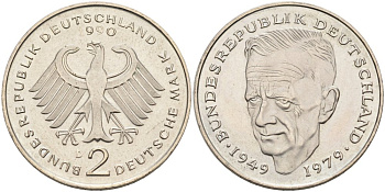 ФРГ 2 марки 1990 D, Курт Шумахер KM 149, J.424 медно-никель плакированный никелем 4574-511