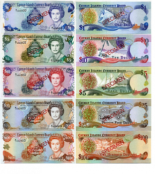 Каймановы острова набор из 5 банкнот 1996 образец, Specimen, в слабах PCGS: 1 доллар 66 Gem UNC, 5 долларов 66 Gem UNC, 10 долларов 67 Superb Gem UNC, 25 долларов 67 Superb Gem UNC, 100 долларов 66 Gem UNC 452-1-46