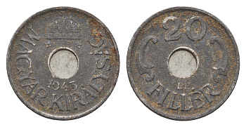 Венгрия 20 филлеров 1943 BP, редкий год KM 520 сталь 4665-1049