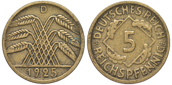 Германия 5 рейхспфеннигов 1925 D KM 39, J. 316 алюминиевая бронза 4602-1239