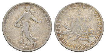 Франция 2 франка 1899 KM 845 серебро 4656-221