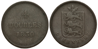 Гернси 4 дабла (дубля) 1830 KM 2 медь 650-114
