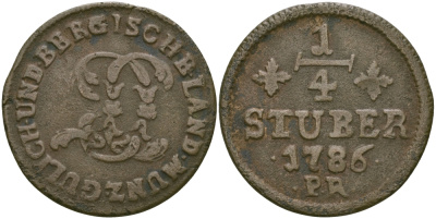 Юлих-Берг 1/4 штюбера 1786 PR KM 205 медь 65-747