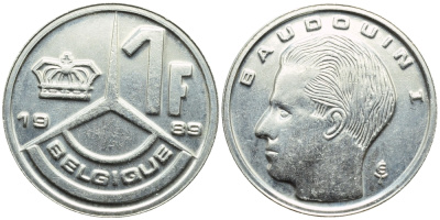 Бельгия 1 франк 1989 Belgique, Бодуэн I (1951-1993) KM 170 железо плакированное никелем 4392-862