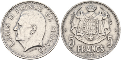 Монако 5 франков 1945 Луи II (1922-1949) KM 122 алюминий 4117-114