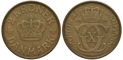 ДАНИЯ 2 КРОНЫ 1926 HCN; GJ, КРИСТИАН X (1912-1947) KM 825.1 алюминиевая бронза 38-433