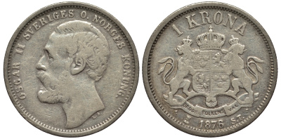Швеция 1 крона 1876/5 ST, Оскар II (1872-1907) король Швеции и Норвегии KM 741 серебро 1530-912