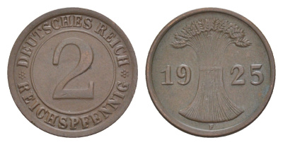 Германия 2 рейхспфеннига 1925 F KM 38, J. 314 бронза 4644-1062