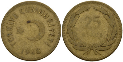 Турция 25 курушей 1948 KM 886 латунь 4156-751