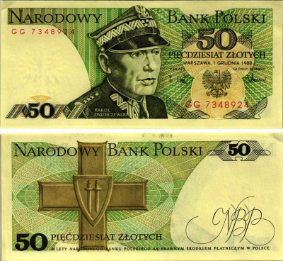 Польша 50 злотых 1988 Кароль Сверчевский, знак Грюнвальдского ордена Pick 142 c бумага аUNC 8607-73-1-2