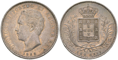 Португалия 500 реалов 1888 Луиш I (1861-1889) KM 509 серебро 272-341