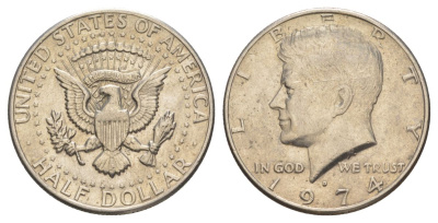 США 1/2 доллара (50 центов) 1974 D, Джон Кеннеди KM 202b медь плакированная медно-никелем aUNC 4123-813