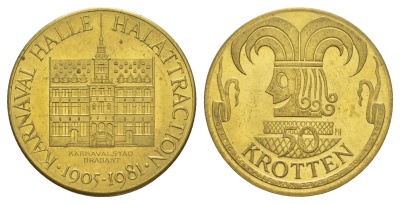 Бельгия, Халле 50 кроттен 1981 диаметр 30 мм, вес 8,8 гр латунь aUNC 4653-436