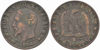 ФРАНЦИЯ 5 САНТИМОВ 1856 MA, НАПОЛЕОН III (1852-1870) KM 777.6, LE FRANC 116.35 бронза 108-426