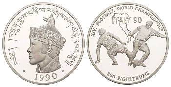 Бутан 300 нгултрумов 1990 Чемпионат Мира по футболу 1990 KM 61 серебро PROOF 1083-2-63
