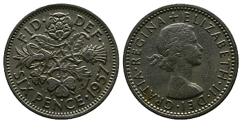 Великобритания 6 пенсов 1957 Елизавета II (1952-2022) KM 903, Spink 4149 медно-никель 4381-659
