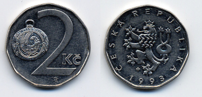 Чехия 2 кроны 1993 KM 9 сталь плакированная никелем 46-1454