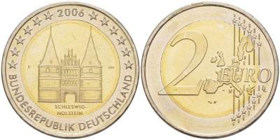 ГЕРМАНИЯ 2 ЕВРО 2006 F, ШЛЕЗВИГ-ГОЛЬШТЕЙН, МОНДВОР ШТУТГАРТ KM 253 биметалл UNC 4517-736