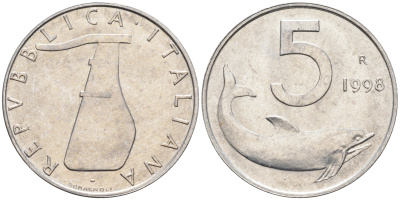 Италия 5 лир 1998 R, дельфин KM 92 алюминий  UNC  4594-814
