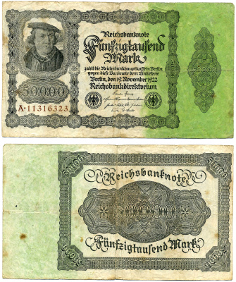 ГЕРМАНИЯ 50000 МАРОК 1922 19 НОЯБРЯ 1922, ВЫПУСК (20 ФЕВРАЛЯ 1923-5 ИЮЛЯ 1925), НОМЕР ВОСЬМИЗНАЧНЫЙ, СЕРИЯ А11316323 Pick 79, Роземберг 79а бумага 2194-5-2-1