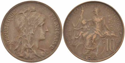 ФРАНЦИЯ 10 САНТИМОВ 1914 ТИП ДАНИЭЛЬ ДЮПЮИ KM 843, LA FRANC 136.24 бронза 109-335