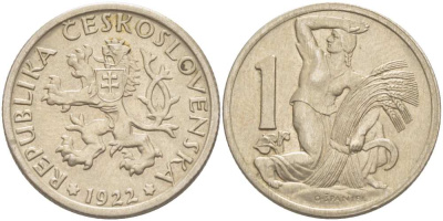 Чехословакия 1 крона 1922 женщина со снопом и серпом KM 4 медно-никель 4514-845