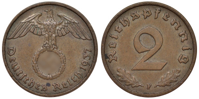 Германия 2 рейхспфеннига 1937 F KM 38, J. 362 алюминиевая бронза 4121-622