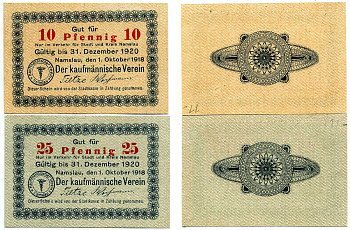 Намслау лот из 2 банкнот 1920 1 октября 1918 - 31 декабря 1920, нотгельд (10, 25 пфеннигов), земля Силезия бумага 2195-52-3-2