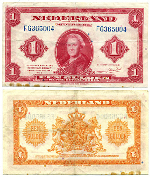 Нидерланды 1 гульден 1943 7 февраля 1943, Вильгельмина Pick 64 бумага 7147-16-2