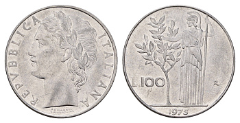 Италия 100 лир 1975 R, Афина у оливкого дерева KM 96.1 нержавеющая сталь 3856-116