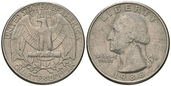 США 25 центов = квотер 1988 P, Вашингтон KM 164a медь плакированная медно-никелем 4595-1253