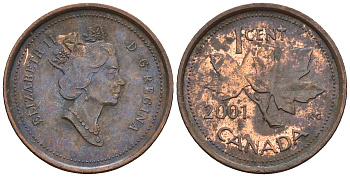 Канада 1 цент 2001 Елизавета II (1952-2022), кленовый лист KM 289 сталь плакированная медью 4609-265