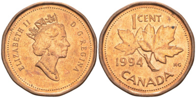 Канада 1 цент 1994 Елизавета II (1952-2022), кленовый лист KM 181 бронза 187-417