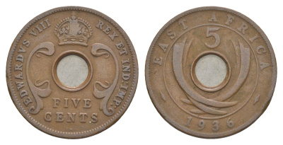Британская Восточная Африка 5 центов 1936 H, Эдуард VIII KM 23 бронза 4652-853
